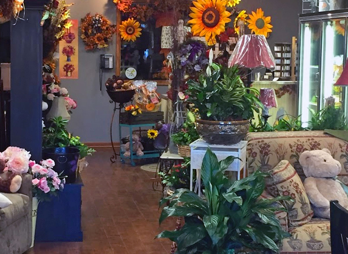 Floral arrangements and plants lining the interior of our showroom